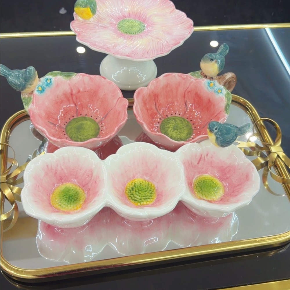 Pink Ceramic Flower Dish Set with Bird Accent